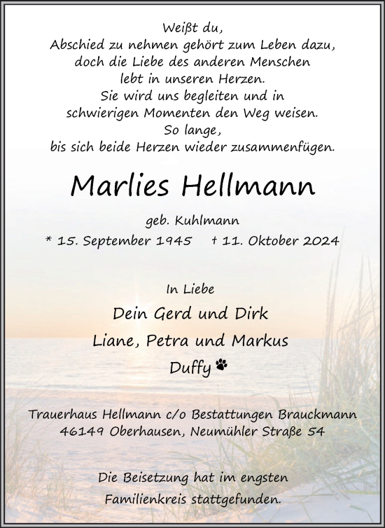 Traueranzeige von Marlies Hellmann von Tageszeitung