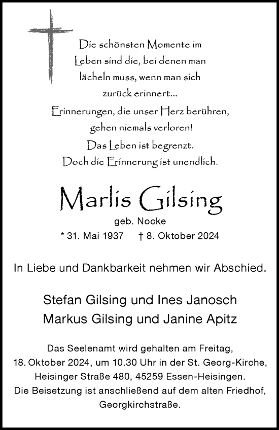 Traueranzeige von Marlis Gilsing von Tageszeitung