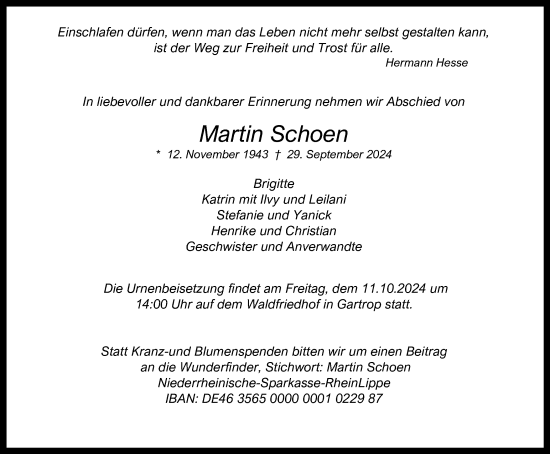 Traueranzeige von Martin Schoen von Tageszeitung