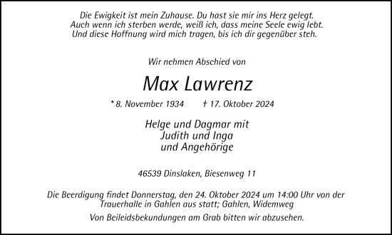 Traueranzeige von Max Lawrenz von Tageszeitung