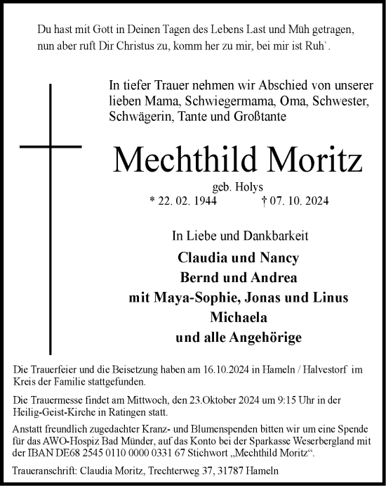 Traueranzeige von Mechthild Moritz von Tageszeitung