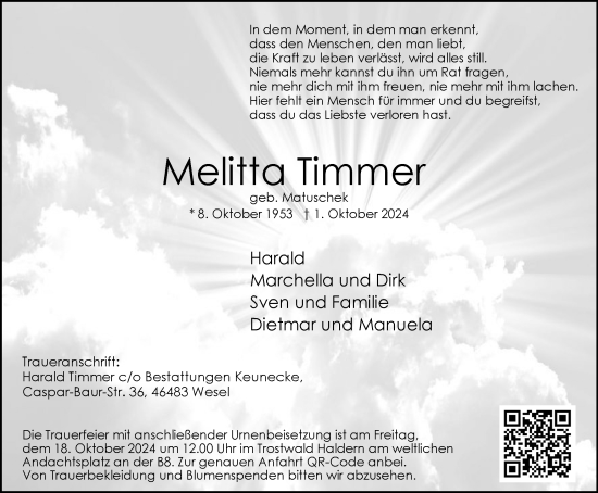 Traueranzeige von Melitta Timmer von Tageszeitung