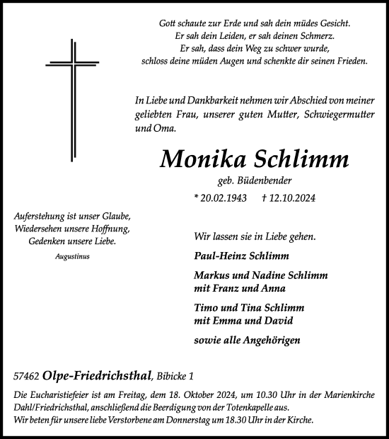 Traueranzeige von Monika Schlimm von Tageszeitung