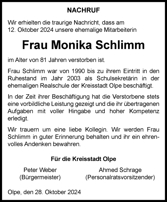 Traueranzeige von Monika Schlimm von Tageszeitung