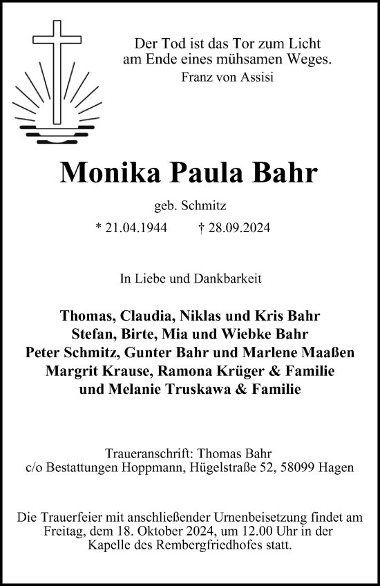 Traueranzeige von Monika Paula Bahr von Tageszeitung