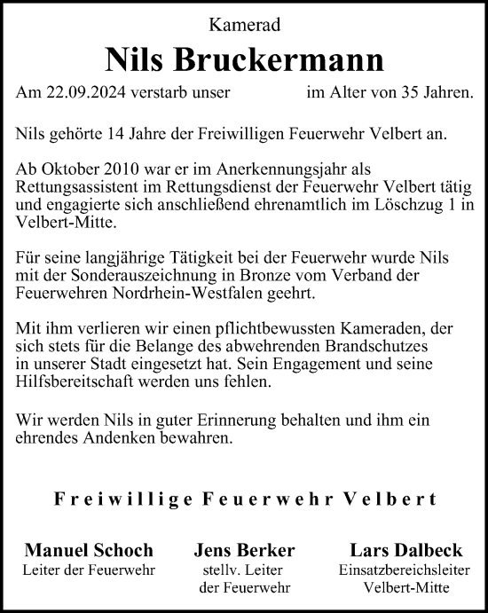 Traueranzeige von Nils Bruckermann von Tageszeitung