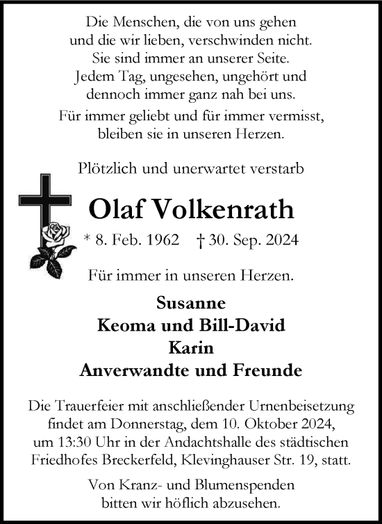 Traueranzeige von Olaf Volkenrath von Tageszeitung
