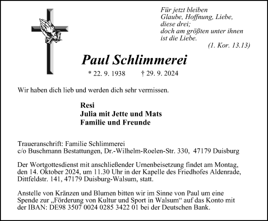Traueranzeige von Paul Schlimmerei von Tageszeitung