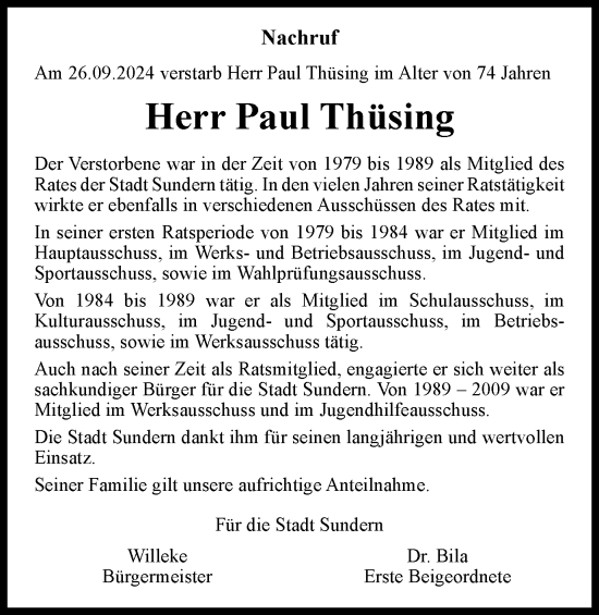 Traueranzeige von Paul Thüsing von Tageszeitung