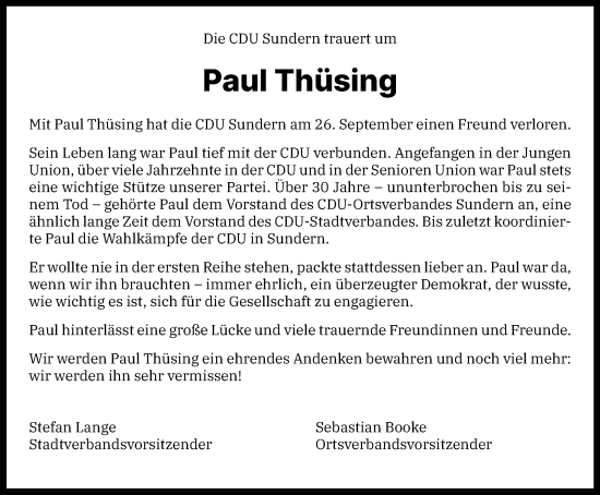 Traueranzeige von Paul Thüsing von Tageszeitung