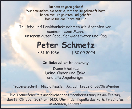 Traueranzeige von Peter Schmetz von Tageszeitung