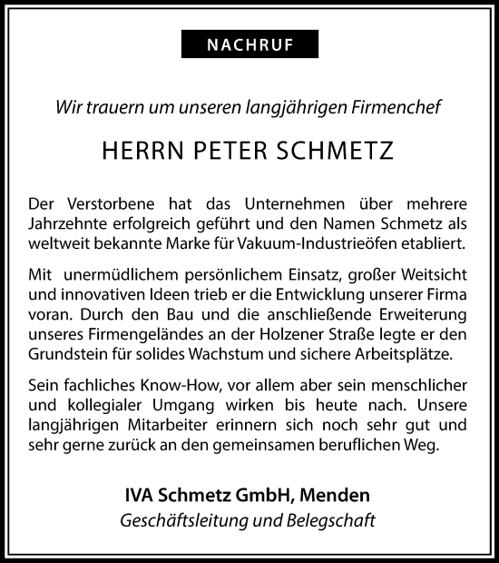 Traueranzeige von Peter Schmetz von Tageszeitung