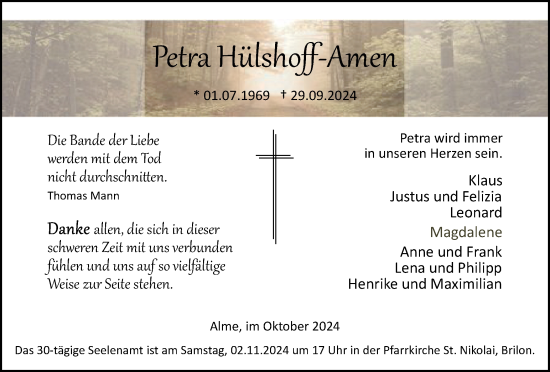 Traueranzeige von Petra Hülshoff-Amen von Tageszeitung