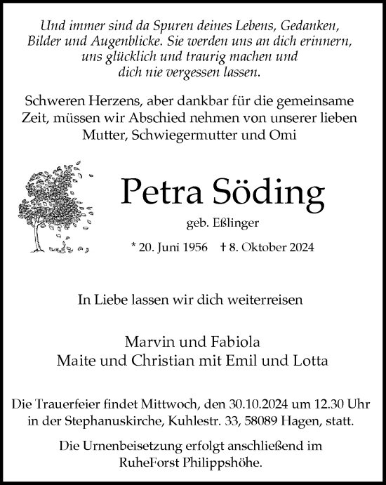 Traueranzeige von Petra Söding von Tageszeitung