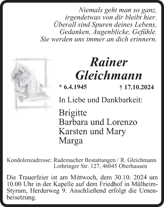 Traueranzeige von Rainer Gleichmann von Tageszeitung