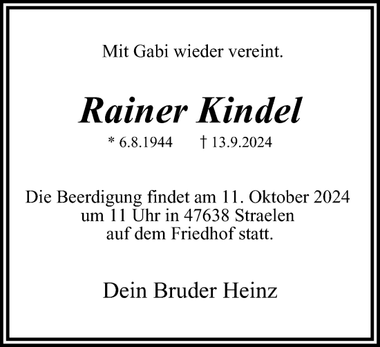 Traueranzeige von Rainer Kindel von Tageszeitung