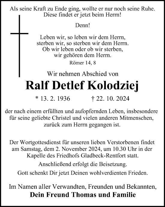 Traueranzeige von Ralf Detlef Kolodziej von Tageszeitung