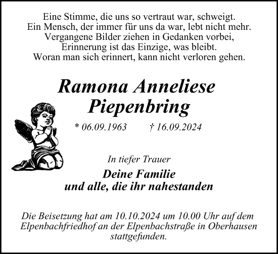 Traueranzeige von Ramona Anneliese Piepenbring von Tageszeitung