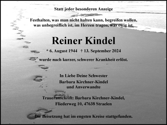 Traueranzeige von Reiner Kindel von Tageszeitung