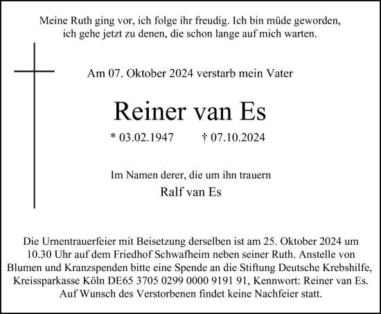 Traueranzeige von Reiner  van Es von Tageszeitung