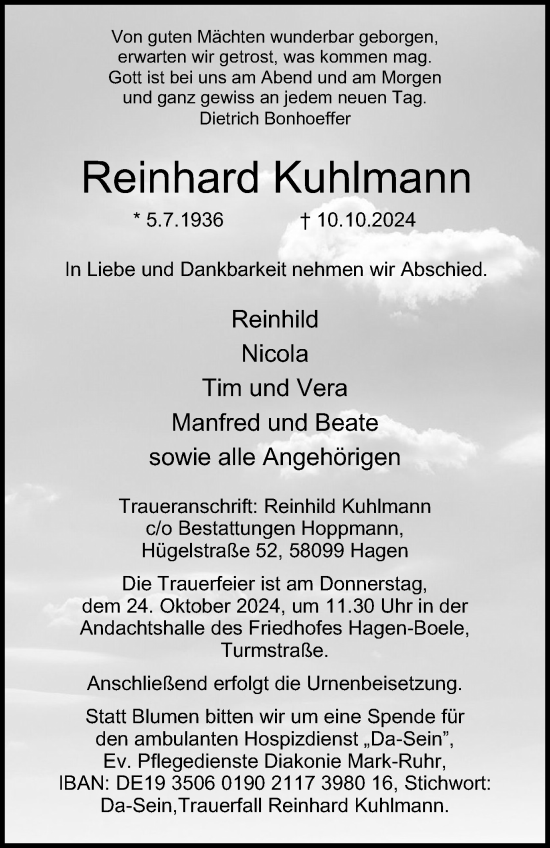 Traueranzeige von Reinhard Kuhlmann von Tageszeitung