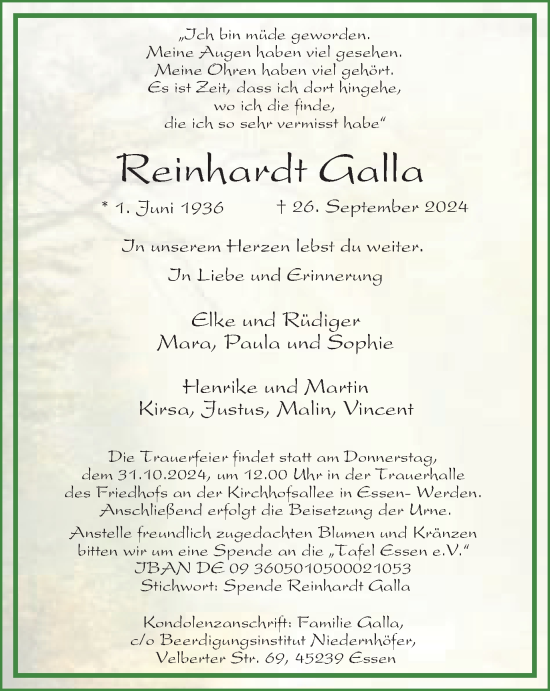 Traueranzeige von Reinhardt Galla von Tageszeitung