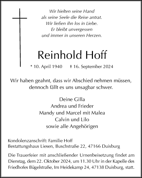 Traueranzeige von Reinhold Hoff von Tageszeitung
