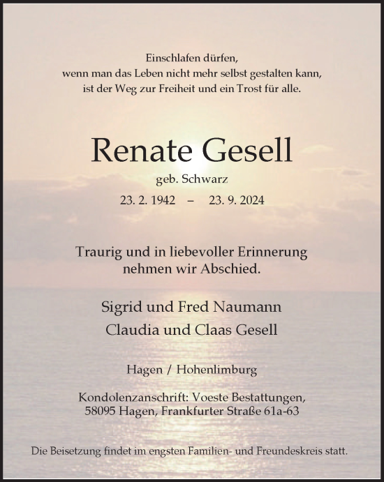 Traueranzeige von Renate Gesell von Tageszeitung