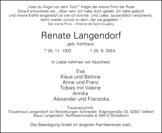 Traueranzeige von Renate Langendorf von Tageszeitung
