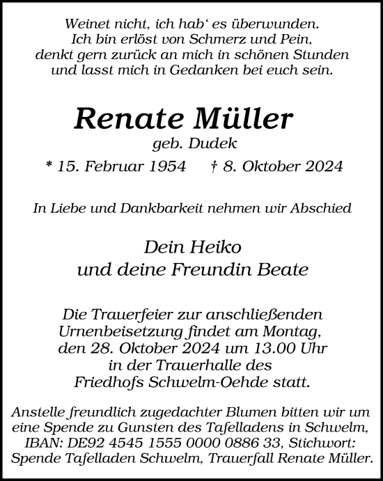 Traueranzeige von Renate Müller von Tageszeitung