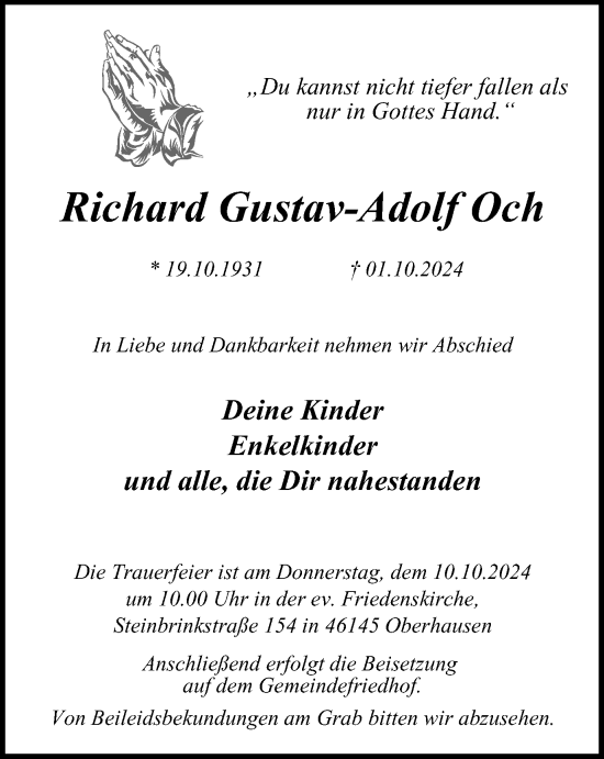 Traueranzeige von Richard Gustav-Adolf Och von Tageszeitung