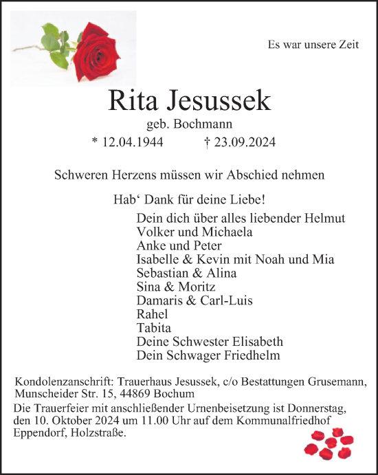 Traueranzeige von Rita Jesussek von Tageszeitung