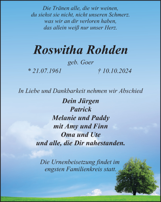 Traueranzeige von Roswitha Rohden von Tageszeitung