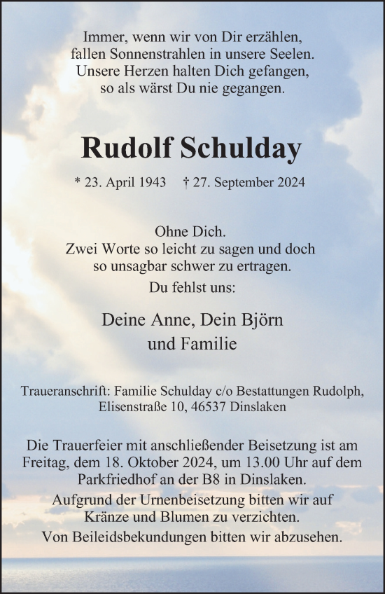 Traueranzeige von Rudolf Schulday von Tageszeitung
