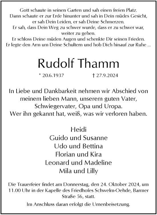 Traueranzeige von Rudolf Thamm von Tageszeitung