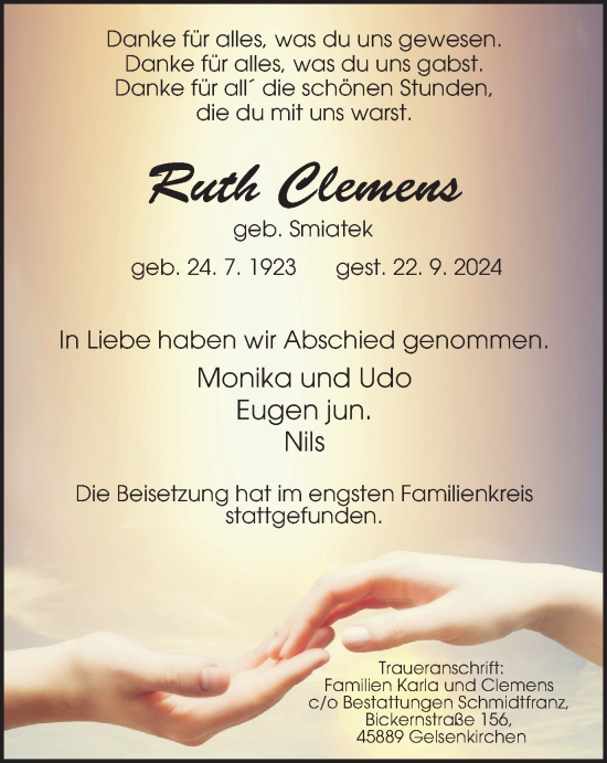 Traueranzeige von Ruth Clemens von Tageszeitung