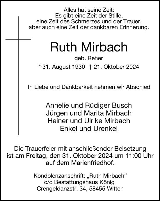 Traueranzeige von Ruth Mirbach von Tageszeitung