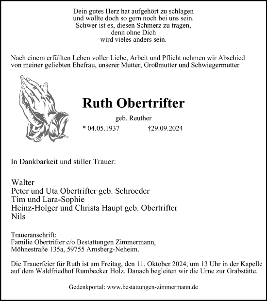 Traueranzeige von Ruth Obertrifter von Tageszeitung