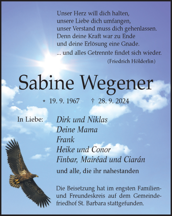 Traueranzeige von Sabine Wegener von Tageszeitung