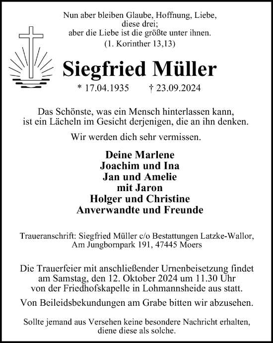 Traueranzeige von Siegfried Müller von Tageszeitung
