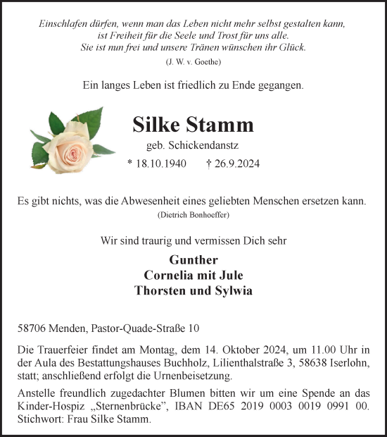 Traueranzeige von Silke Stamm von Tageszeitung