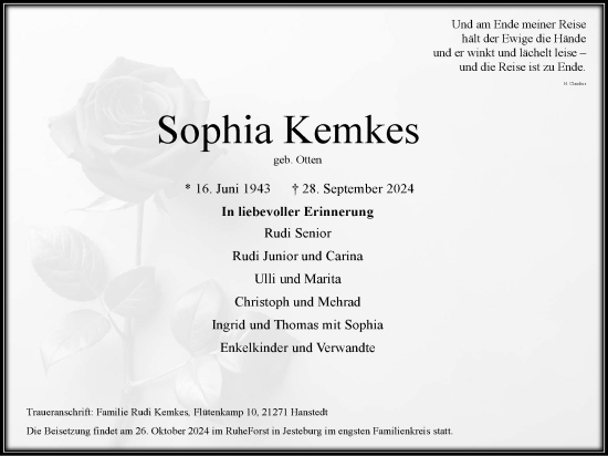Traueranzeige von Sophia Kemkes von Tageszeitung