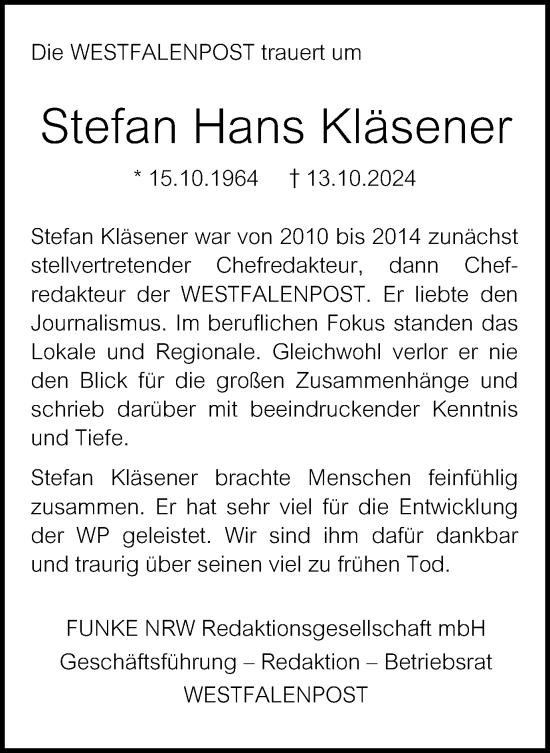 Traueranzeige von Stefan Hans Kläsener von Tageszeitung