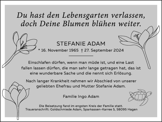 Traueranzeige von Stefanie Adam von Tageszeitung