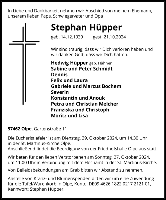 Traueranzeige von Stephan Hüpper von Tageszeitung