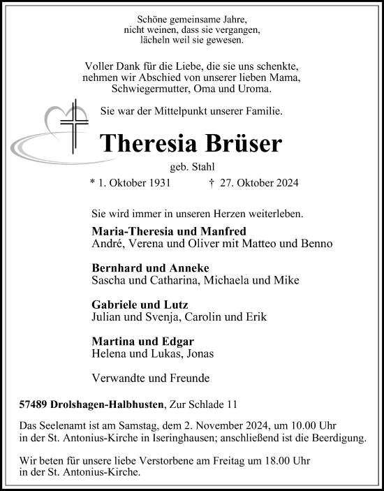 Traueranzeige von Theresia Brüser von Tageszeitung