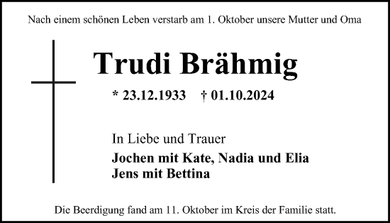Traueranzeige von Trudi Brähmig von Tageszeitung