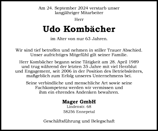 Traueranzeige von Udo Kombächer von Tageszeitung