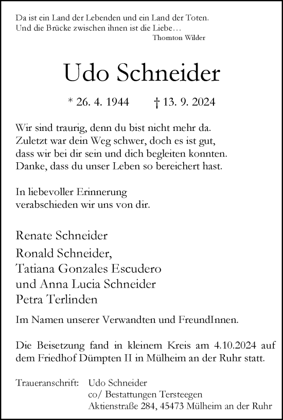 Traueranzeige von Udo Schneider von Tageszeitung