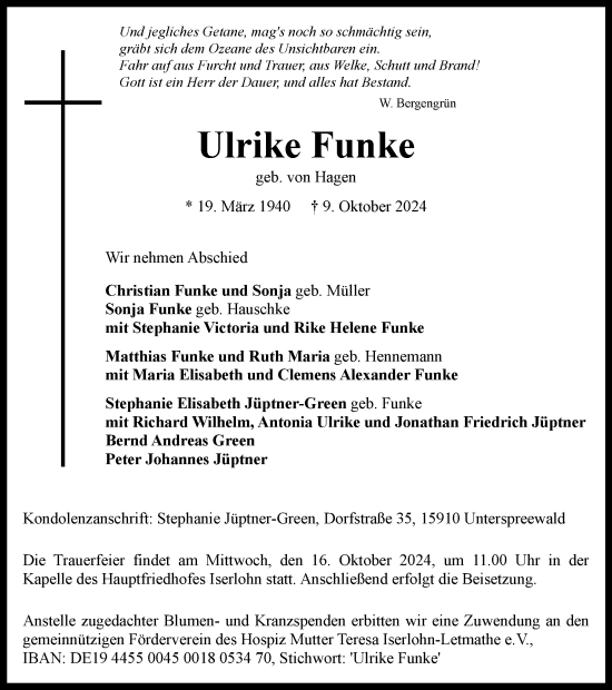 Traueranzeige von Ulrike Funke von Tageszeitung